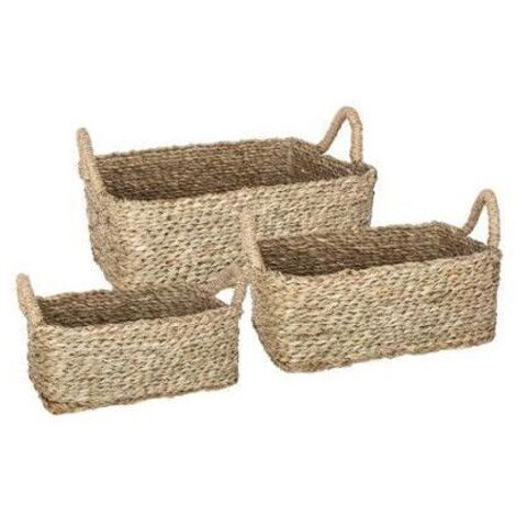 Atmosphera – Lot de 3 paniers de rangement rectangle en osier – Dimensions S: 28x16x11cm, M: 32x22x12cm, L: 36x26x13cm – Beige naturel