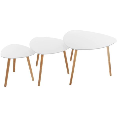 Atmosphera – Lot de 3 tables basses gigognes en MDF blanc avec pieds en bois de chêne – Design scandinave moderne – Tables d'appoint pour salon ou bureau