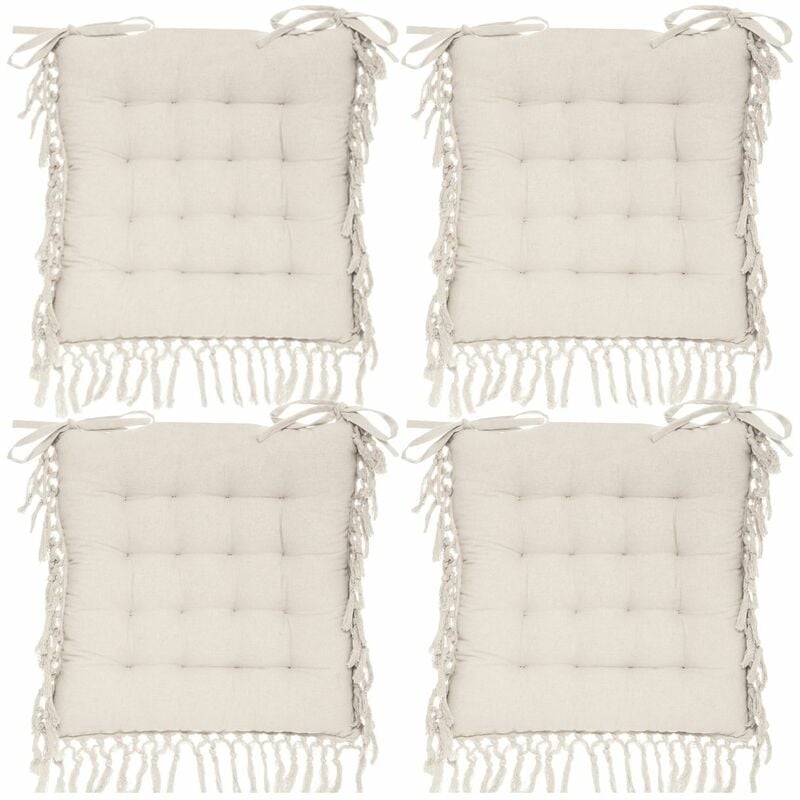 Atmosphera - Lot de 4 Galettes de chaise en Coton Ivoire avec franges macramé 40 x 40 cm