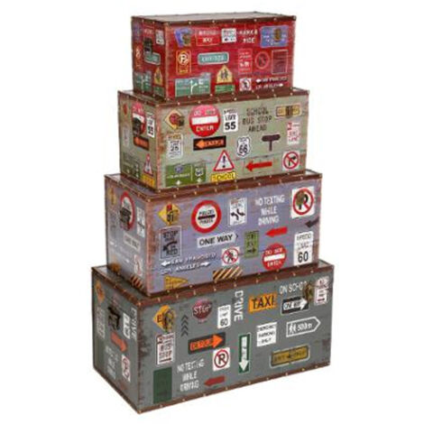 Atmosphera – Lot de 4 malles déco City en MDF et métal – Dimensions XS à L : 50 à 80 cm – Rangement flexible et esthétique