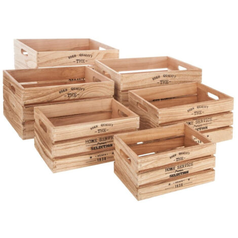 Atmosphera – Lot de 6 cagettes de rangement en bois de Paulownia 40cm – Dimensions variées pour rangement optimisé – Couleur naturelle