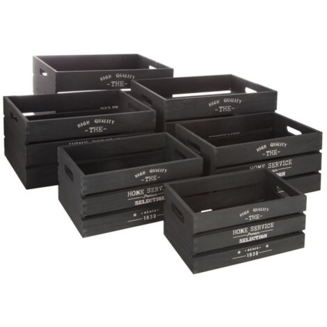 Atmosphera – Lot de 6 caisses en bois Paulownia 40cm – Couleur charbon – Rangement décoratif pour salon, chambre et bureau