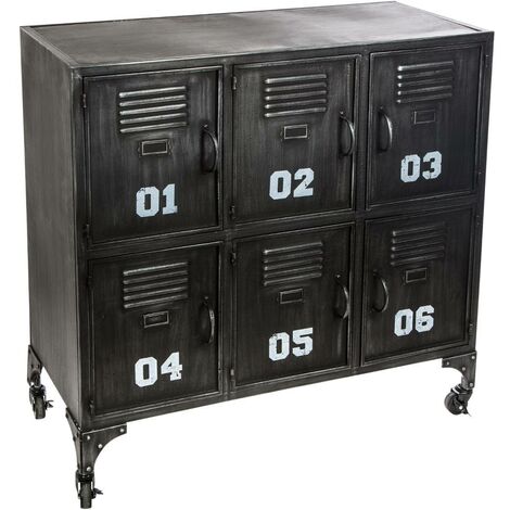 Atmosphera – Meuble de rangement 6 portes Sevin – Métal noir – Dimensions L. 90 x l. 35 x H. 88,5 cm – Style rétro et industriel – Sur roulettes pour mobilité