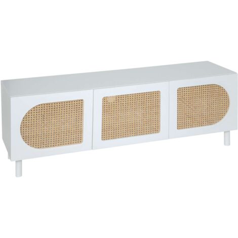 Atmosphera – Meuble TV 3 portes en rotin – Structure blanche – Charnières silencieuses – Trou pour passage câbles – Dimensions 140x41,7x50 cm