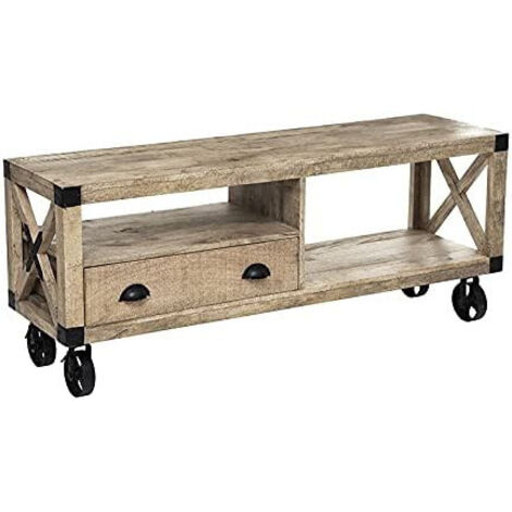 Atmosphera – Meuble TV bois de manguier massif et métal noir – 1 tiroir et 2 niveaux de rangement – Dimensions L. 140 x l. 40 x H. 58 cm