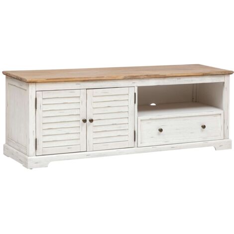 Atmosphera – Meuble TV en bois d'acacia 2 portes et 1 tiroir – Dimensions 140x40x50 cm – Style romantique avec passe-câble – Poignées en métal