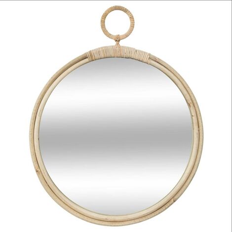 Atmosphera – Miroir mural en rotin rond 38 cm – Cadre en rotin beige – Installation facile avec anse de 9 cm – Agrandit visuellement l'espace