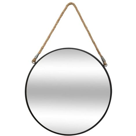 Atmosphera – Miroir mural rond en métal noir D 38 cm – Corde en jute pour suspension – Élégant et moderne pour salon et chambre