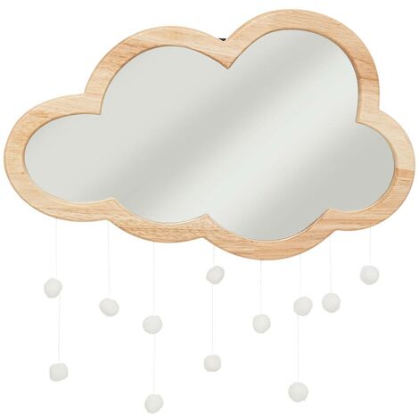 Atmosphera – Miroir nuage en bois 40x36cm avec pompons décoratifs – MDF et verre – Accessoire de chambre enfant – Installation facile