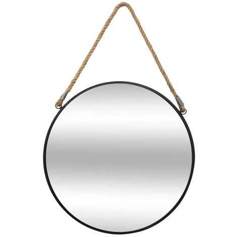 Atmosphera – Miroir rond en métal noir 55 cm avec corde – Design minimaliste pour salon, chambre ou entrée – Suspension facile