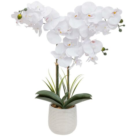 Atmosphera – Orchidée artificielle Riva H60cm blanche – 2 tiges réalistes – Pot en céramique strié – Décoration intérieure élégante