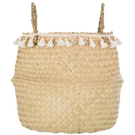 Atmosphera – Panier tressé en seagrass pliable avec pompons – Diamètre 31 cm – Hauteur 27 cm – Poignées pour transport facile