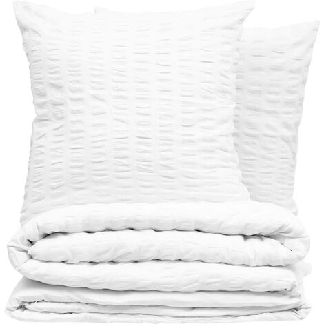 Atmosphera – Parure de lit 3 pièces en polycoton blanc 240x220 cm – Rayures plissées – 2 taies d'oreiller 65x65 cm – Lavable en machine