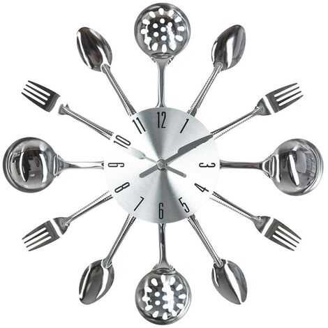 Atmosphera – Pendule en métal Ø38cm – Effet aluminium brossé – Design original avec ustensiles de cuisine – Pour intérieur uniquement