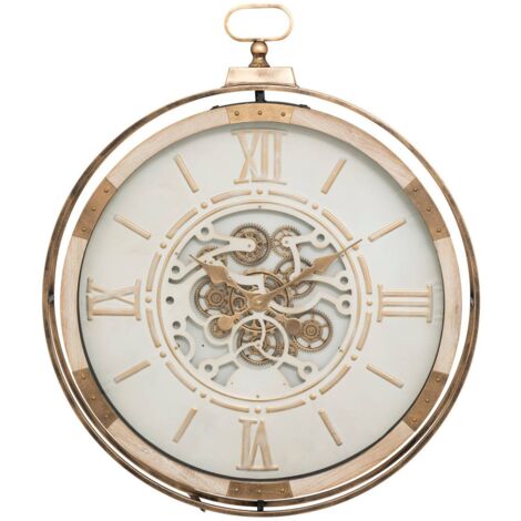 Atmosphera – Pendule murale industrielle beige avec rouages mobiles D 74 cm – Cadre en bois et fonte – Mécanisme silencieux – Vitre convexe