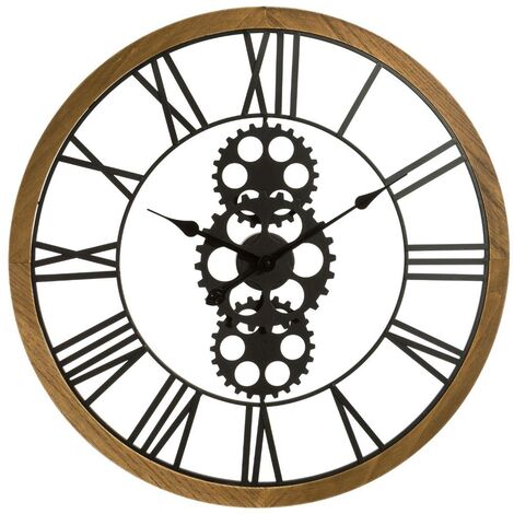 Atmosphera – Pendule murale ronde en bois et métal D 70 cm – Mécanisme apparent – Chiffres romains vintage – Installation murale