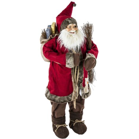 Atmosphera – Père Noël traditionnel en velours rouge et fourrure marron H 120 cm – Décoration festive pour intérieur – Ambiance de Noël garantie