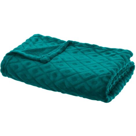 Atmosphera – Plaid bleu canard 180 x 230 cm – Motif losange en relief en flanelle douce – Conserve la chaleur en hiver – Lavable en machine à 30°C