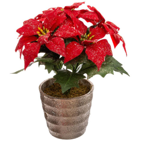 Atmosphera – Plante artificielle Poinsettia rouge pailleté en pot H 22 cm – Polyester et PVC – Décoration festive élégante pour Noël