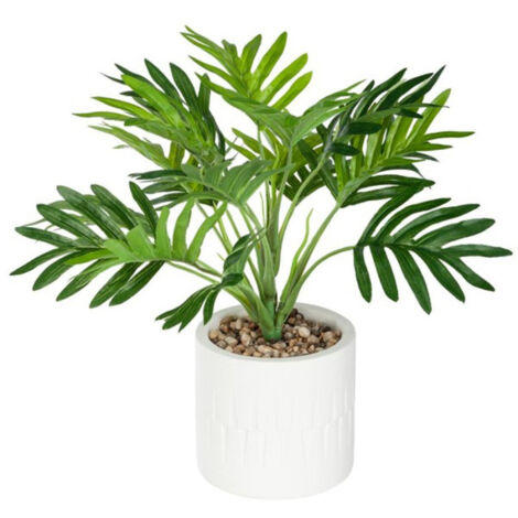 Atmosphera – Plante verte artificielle en pot palmier 28cm – Ciment et polyester – Décoration intérieure sans entretien – Vert et blanc