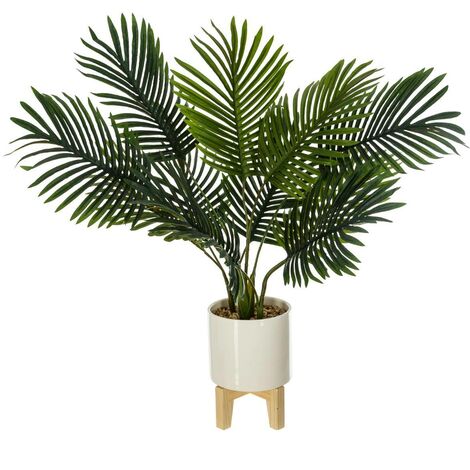 Atmosphera – Plante verte artificielle palmier 72 cm – Pot en céramique blanche avec support bois – Décoration intérieure et extérieure