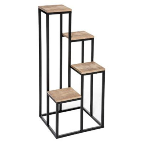 Atmosphera – Porte plante 4 étagères 88,5cm – Fer et bois (pin) – Noir et naturel – Pour intérieur moderne et décoration naturelle
