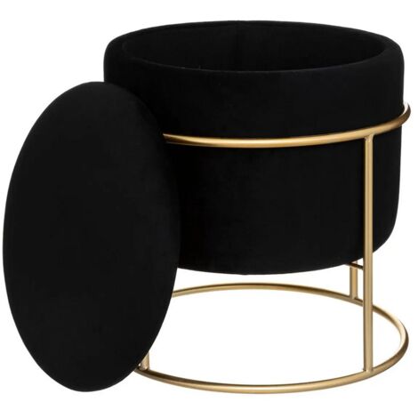Atmosphera – Pouf coffre en velours noir D 42 x H 44 cm – Support métal – Rangement discret pour objets du quotidien – Idéal salon et chambre
