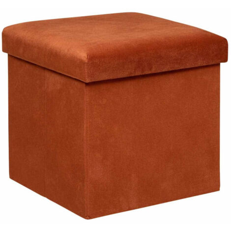 Atmosphera – Pouf coffre pliable en velours ambre 38cm – Design carré – Revêtement polyester – Base MDF et polypropylène – Assise amovible