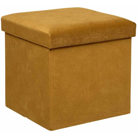 Atmosphera – Pouf coffre pliable en velours ocre 38cm – Base en MDF – Assise amovible – Forme carrée – Optimise l'espace de rangement