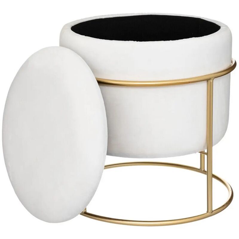 Atmosphera – Pouf coffre en velours ivoire D 42 cm H 44 cm – Rangement pratique avec structure en MDF et support en métal – Design élégant pour