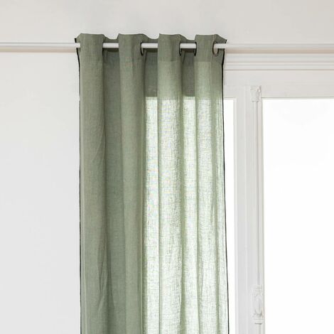Atmosphera – Rideau voilage en lin 130x260cm – Vert céladon – 8 œillets métalliques – Surpiqûre noire sur les côtés