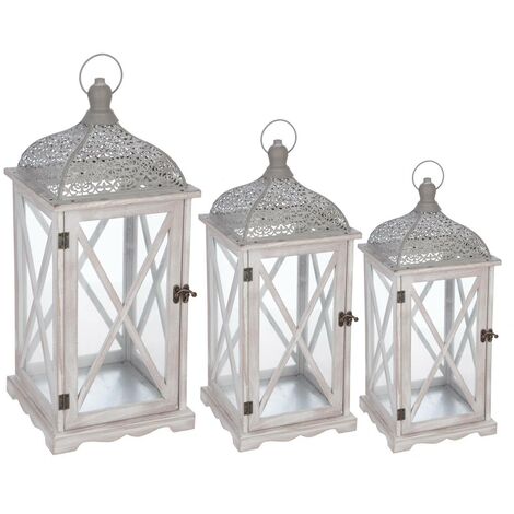 Atmosphera – Set de 3 lanternes en bois de pin cérusé – Sommet en fer décoratif – Ambiance tamisée intérieure et extérieure