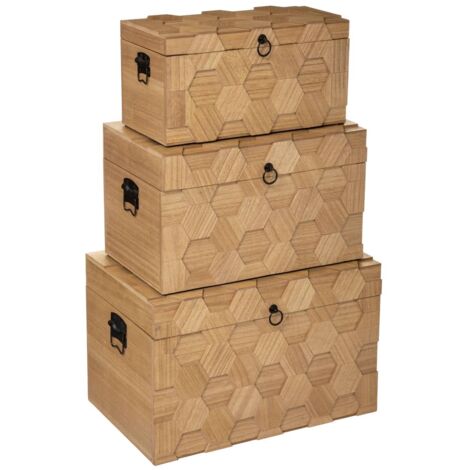 Atmosphera – Set de 3 malles de rangement en MDF – Dimensions : 47x25x24 cm, 53x33.5x32 cm, 60x39.5x38.5 cm – Décoration vintage avec motifs losanges