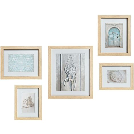 Atmosphera – Set de 5 cadres photo ethniques en bois MDF – Dimensions : 18,8x24cm, 20,5x25,5cm, 28,8x33,6cm – Passe-partout blanc pour décoration murale