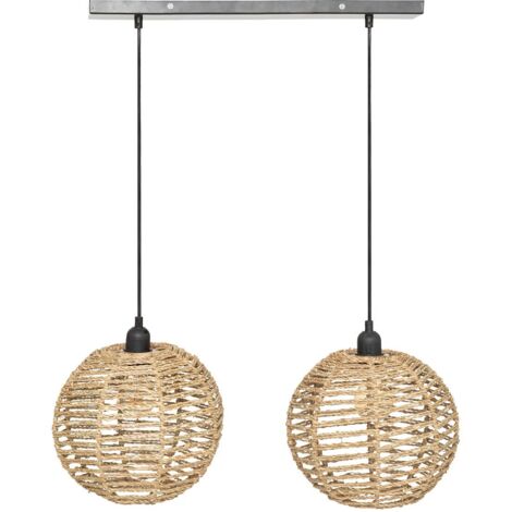Atmosphera – Suspension 2 lampes en métal noir et jonc de mer D 50 cm – Hauteur ajustable 26 cm – Douille E27 pour ampoule 40W