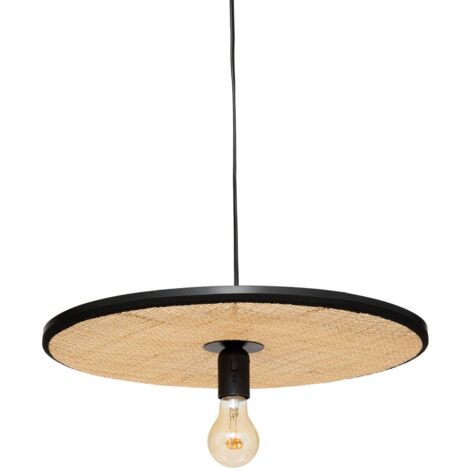 Atmosphera – Suspension en rotin et métal noir D 44 cm – Abat-jour cylindrique – Hauteur ajustable – Douille E27 pour ampoule LED