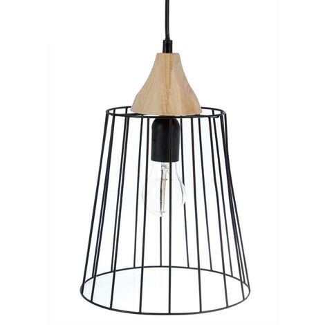 Atmosphera – Suspension filaire en fer et bois noir D 23 cm – Douille E27 – Hauteur 32,5 cm – Longueur câble 52 cm – Pour décoration moderne