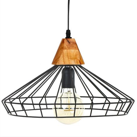 Atmosphera – Suspension filaire métal et bois – Abat-jour fer noir – Support bois – Longueur câble 80 cm – Douille E27 – Puissance max 40W