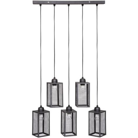 Atmosphera – Suspension loft new-yorkais 'Hune' en métal noir – 5 abat-jours – Dimensions L. 58 x P. 10 x H. 110 cm – Douille E27 – Alimentation secteur