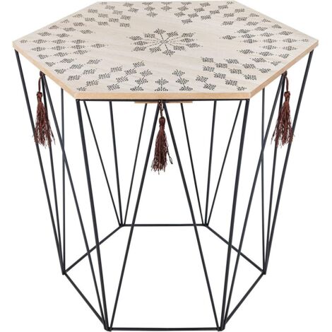 Atmosphera – Table à café octogonale en métal noir et bois de paulownia H 40 cm – Design ethnique pour salon et chambre – Facile à assembler