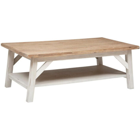 Atmosphera – Table basse fixe en bois d'acacia 120cm – Plateau rectangulaire blanc – 2 plateaux de rangement – Dimensions L. 120 x l. 70 x H. 44,5 cm