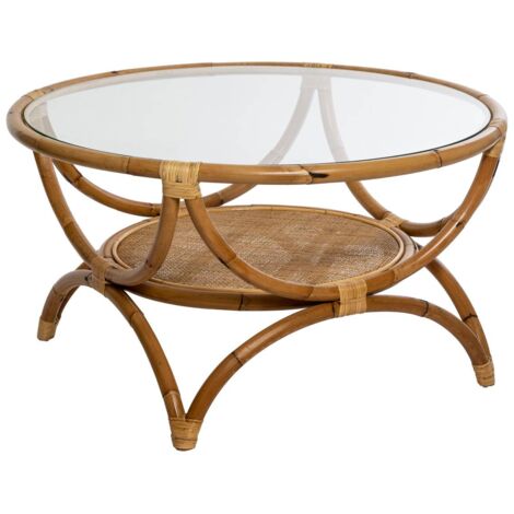 Atmosphera – Table basse fixe en rotin et verre trempé 90 cm – Hauteur 51 cm – Design élégant pour salon ou terrasse – Entretien facile
