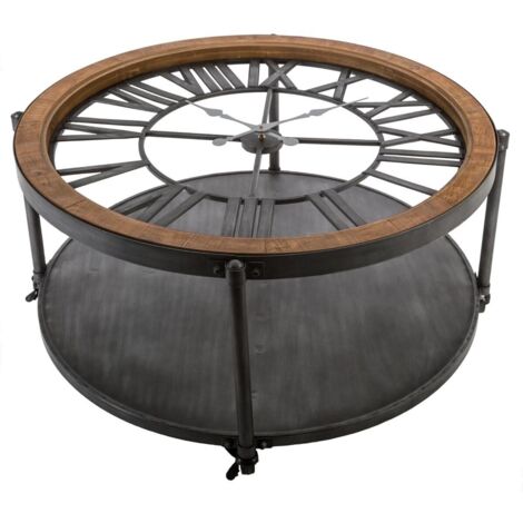 Atmosphera – Table basse fixe ronde 89,5cm – Structure en fer – Plateau en MDF et verre trempé – 2 tiroirs de rangement – Style contemporain