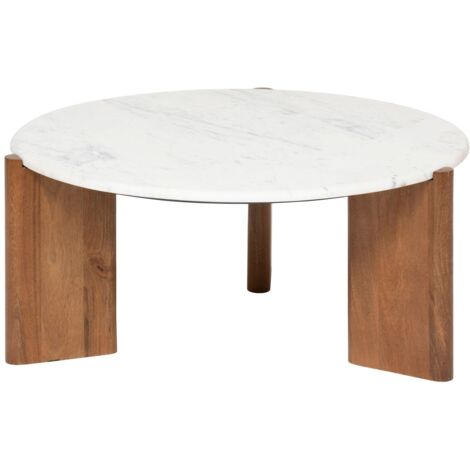 Atmosphera – Table basse ronde en marbre blanc et bois massif – Diamètre 91,5 cm – Hauteur 41,5 cm – Finition polie – Design épuré et sophistiqué