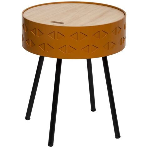 Atmosphera – Table d'appoint coffre multifonctionnelle jaune moutarde D39cm – MDF et bois de Paulownia – Pour intérieur scandinave ou bohème
