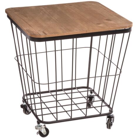 Atmosphera – Table d'appoint mobile Jordi – Bois MDF et métal noir – 39x39 cm – Design industriel avec roulettes – Surface fonctionnelle et rangement