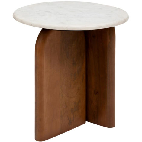 Atmosphera – Table d'appoint en marbre Nanda 51cm – Plateau poli semi-brillant – Piètement en bois massif de manguier – Design moderne