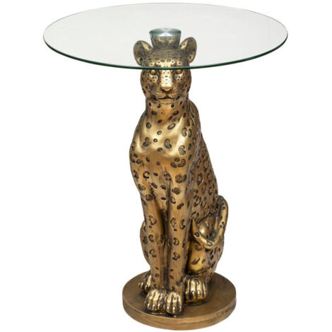 Atmosphera – Table d'appoint ronde en verre trempé – Piètement polyrésine doré – Hauteur 52cm – Design léopard moderne pour intérieur élégant