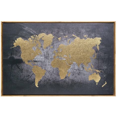Atmosphera – Tableau toile murale encadrée imprimée carte du monde 88 x 58 cm – Panneau de fibres de bois – Polystyrène – Polyester noir et doré
