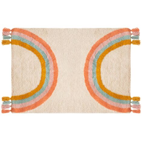 Atmosphera – Tapis enfant arc-en-ciel 150x100 cm – Coton tufté durable – Épaisseur 1 cm – Forme rectangulaire avec franges colorées